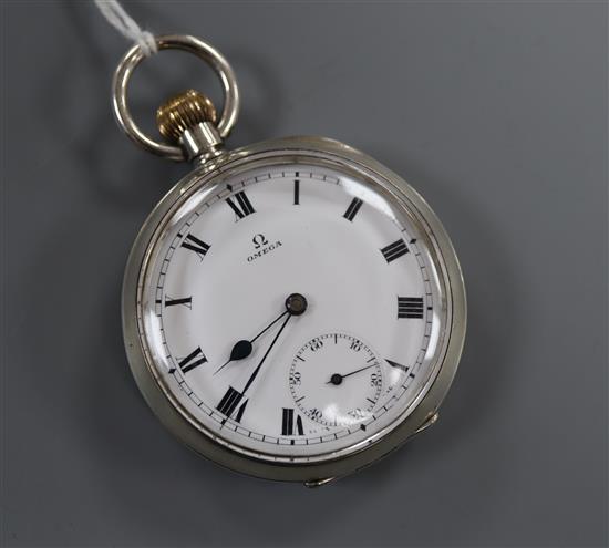 A George V silver Omega keyless open face pocket watch, with Roman dial and subsidiary seconds.